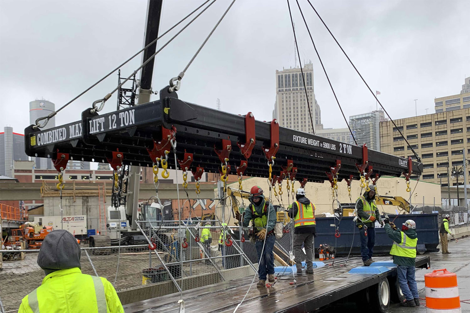 12-ton Lifting Bridle being prepared to lift a metal beam at a construction site
